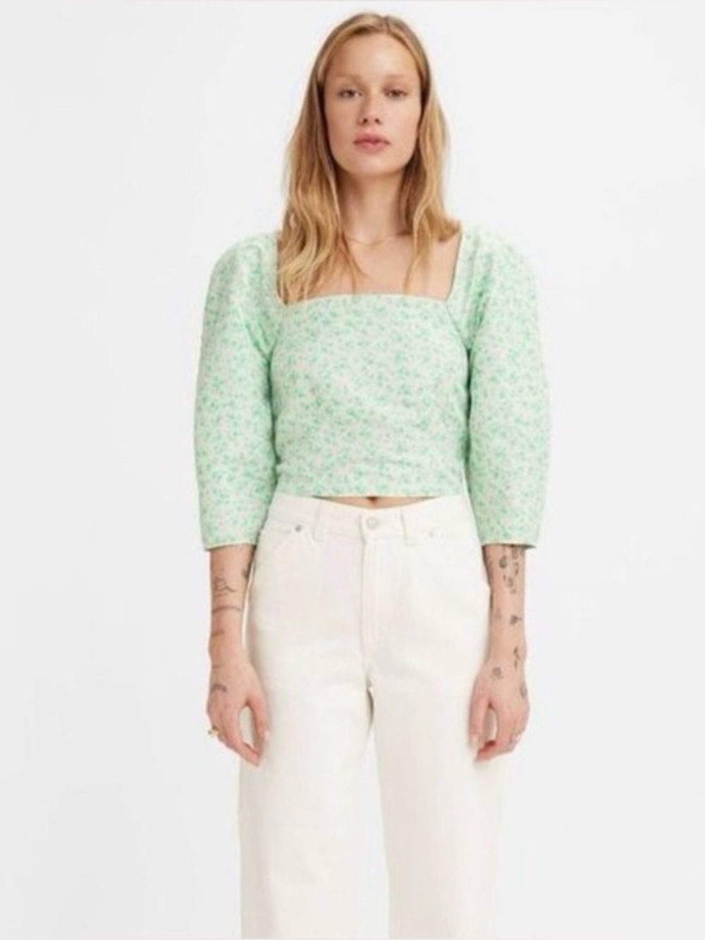 Levi's Yvie Puff 3/4 Sleeve Cropped Blouse  Electric Green Floral small